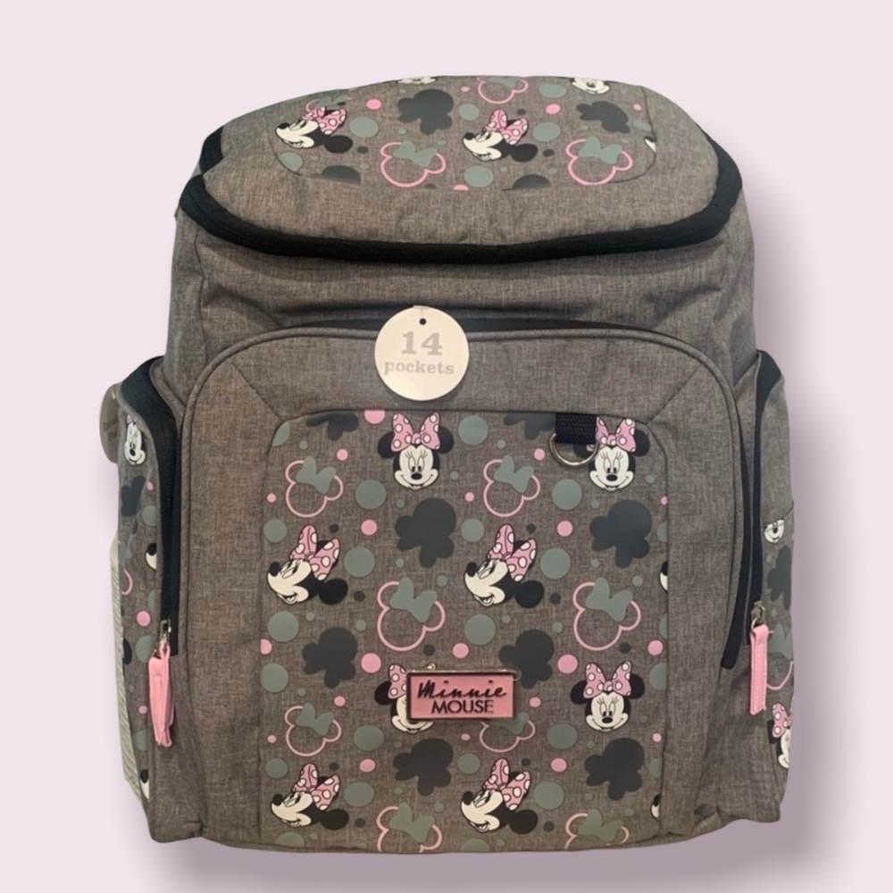 NWT Disney Minnie Mouse Pink Gray Diaper Bag Backpack baby shower gift